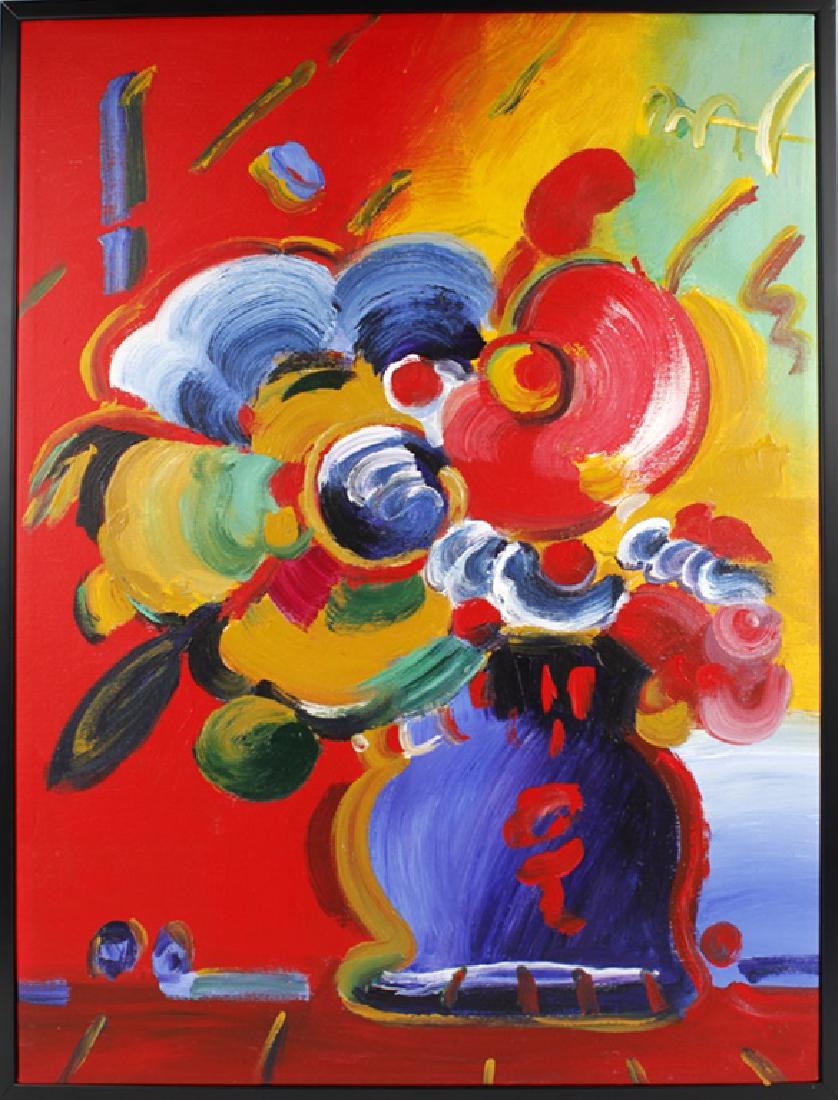 PETER MAX ORIGINAL OIL ON CANVAS "FLOWERS": PETER MAX ORIGINAL OIL ON CANVAS "FLOWERS" Peter Max original oil on canvas titled "Flowers". Signed upper right, canvas measures 36" x 26" . This item comes to us without a certificate of authenticit