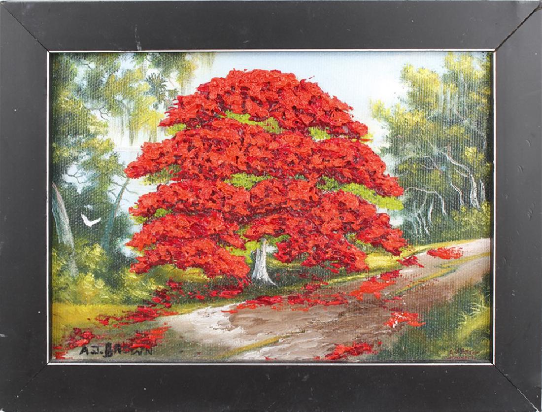A.J. BROWN / JOHN DANIELS ROYAL POINCIANNA OIL: A.J. BROWN / JOHN DANIELS ROYAL POINCIANNA OIL A.J. Brown and John Daniels Florida highwaymen artists, embellished giclee. Royal Poinciana tree along Indian River. John Daniels Giclee produced and emb