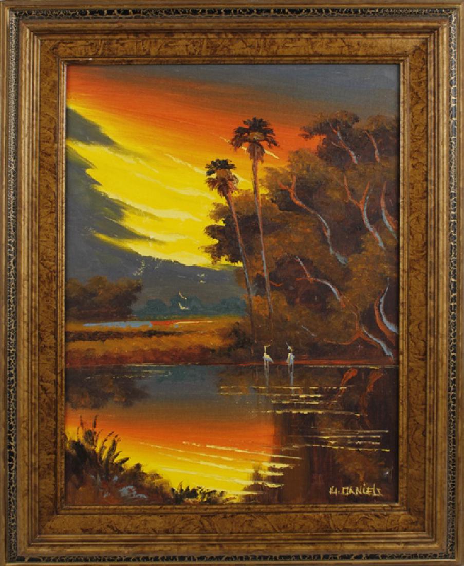 WILLIE DANIELS FLORIDA HIGHWAYMEN OIL ON BOARD: WILLIE DANIELS FLORIDA HIGHWAYMEN OIL ON BOARD Willie Daniels Florida Highwaymen oil on canvas board. St. Lucie river sunset scene. Signed lower right, measures 12" x 14" Size: 16.5" x 18.5" framed