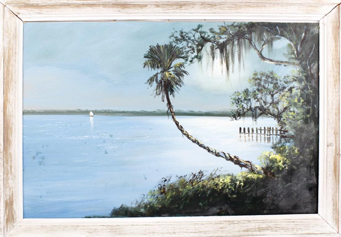 R.A. ROY MCLENDON FLORIDA HIGHWAYMEN OIL ON BOARD: R.A. ROY MCLENDON FLORIDA HIGHWAYMEN OIL ON BOARD R.A. Roy McLendon (American, b.1932) Florida highwaymen artist oil on upson board. St. Lucie River scene with palm trees and rolling clouds. Signed lo
