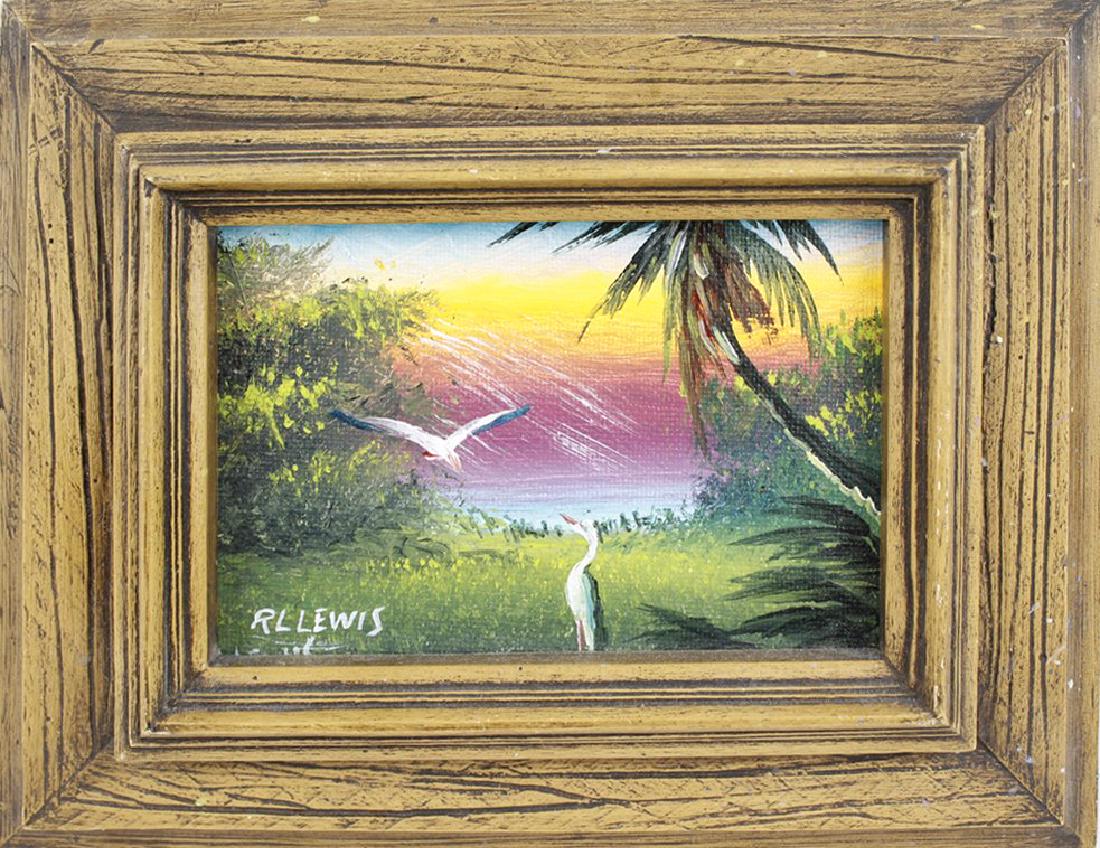 R.L. LEWIS FLORIDA HIGHWAYMEN OIL ON CANVAS BOARD: R.L. LEWIS FLORIDA HIGHWAYMEN OIL ON CANVAS BOARD R. L. Lewis Florida Highwaymen oil on canvas board. Palm tree river scene at sunset with two storks. Signed lower left, board measures 4.5" x 6.5" Siz