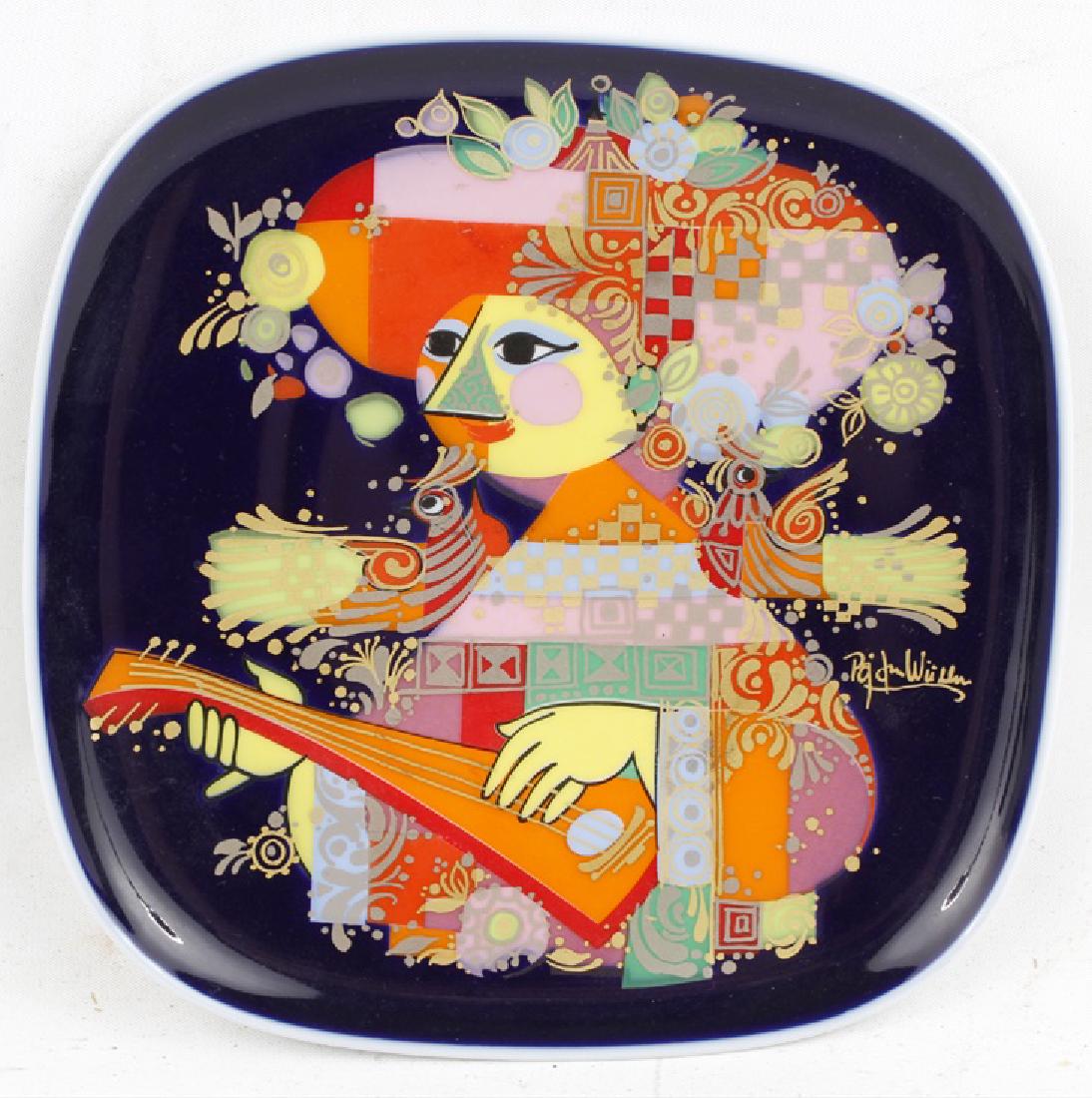 ROSENTHAL BJORN WIINBLAD GERMAN PLATE: ROSENTHAL BJORN WIINBLAD GERMAN PLATE Rosenthal Germany porcelain plate, with design by Bjorn Wiinblad. Hand embellished abstract and colorful musician. Signed lower right. Plate measures 7.5" diamete