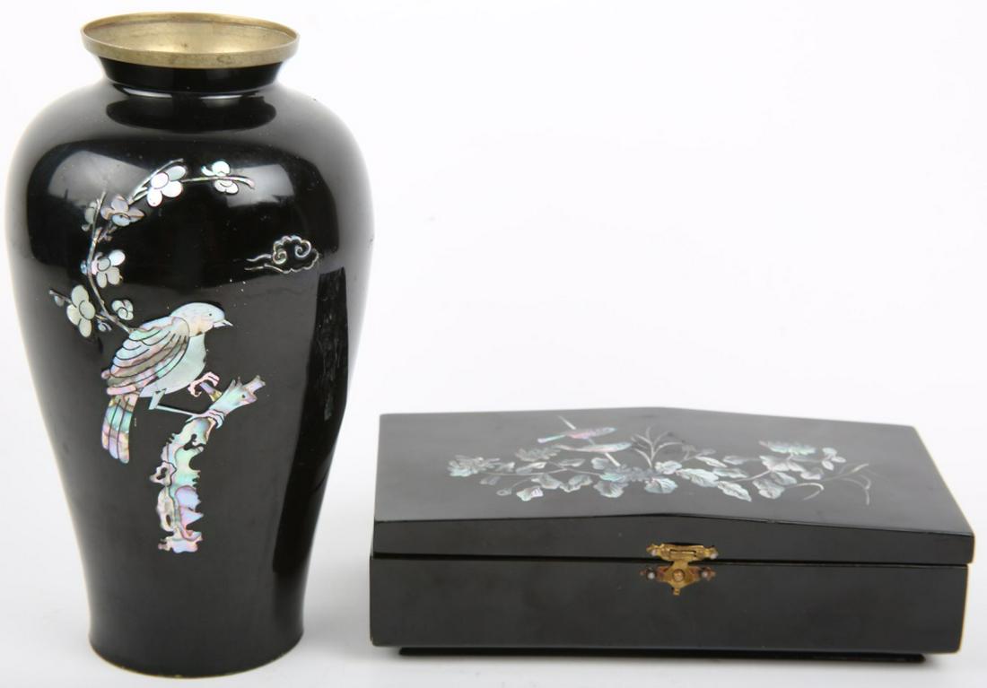JAPANESE PAINTED LACQUER MOP JEWELRY BOX & VASE: JAPANESE PAINTED LACQUER MOP JEWELRY BOX & VASE Japanese black painted lacquer mother-of-pearl jewelry box and vase. Vase is lacquer over brass and the box is over wood. Both depict song birds on bran