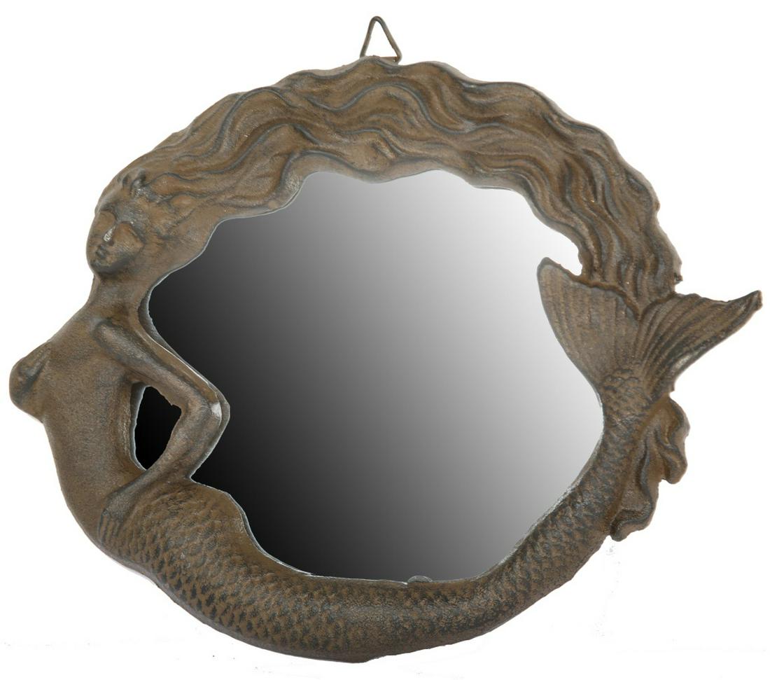 MERMAID CAST IRON HANDCRAFTED WALL MIRROR: MERMAID CAST IRON HANDCRAFTED WALL MIRROR Mermaid cast iron wall mirror. Handcrafted for Moby Dick Specialties. Size: 11 X 9"