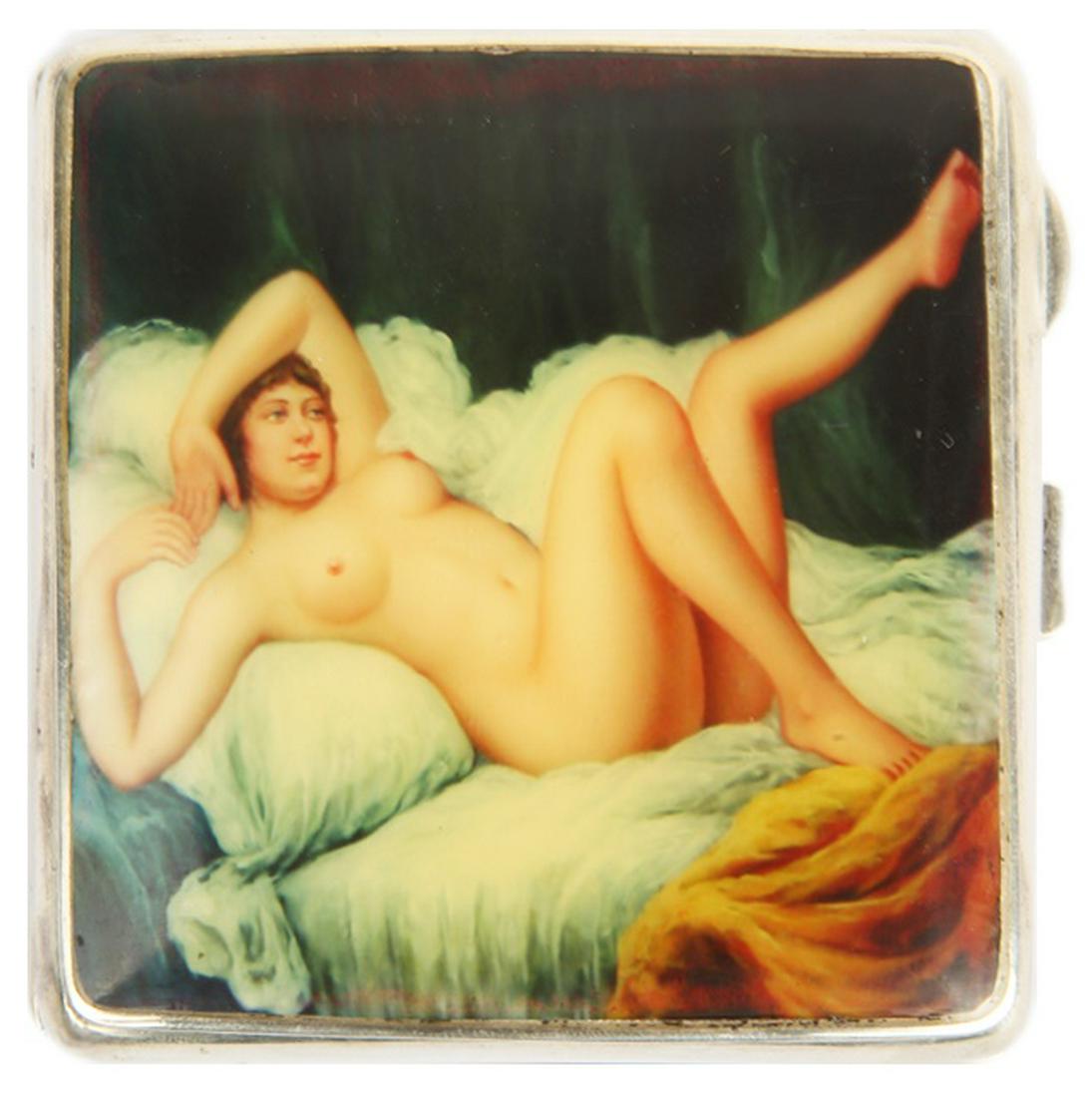 ENGLISH STERLING SILVER CIGARETTE CASE NUDE SCENE: ENGLISH STERLING SILVER CIGARETTE CASE NUDE SCENE An English hallmarked sterling silver cigarette case, by Henry Matthews of Birmingham, 1929, with applied photograph nude on face. Engine turned rever