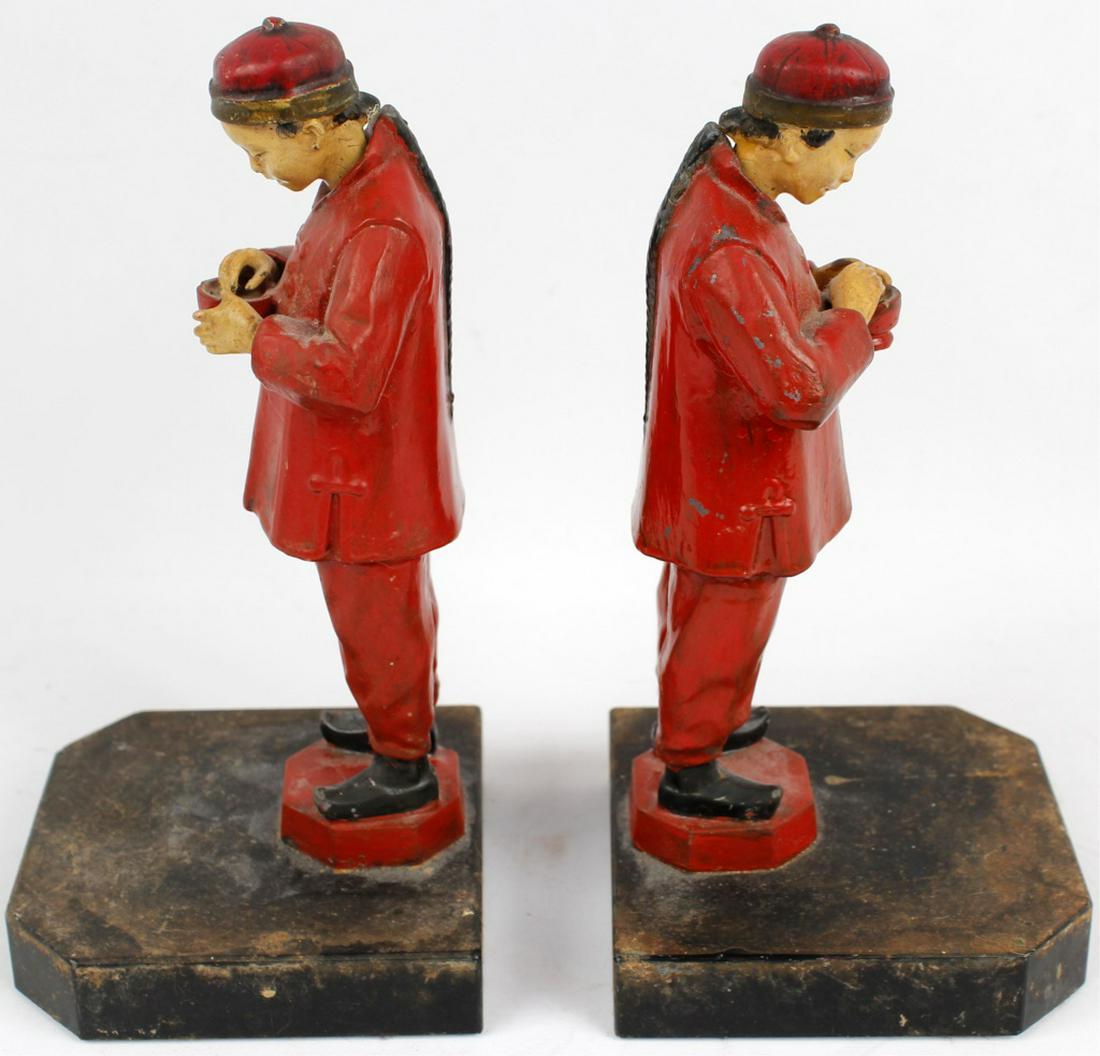 BRONZE J.B. HIRSCH PAINTED CHINESE BOOKENDS: BRONZE J.B. HIRSCH PAINTED CHINESE BOOKENDS Pair of bronze J.B. Hirsch painted Chinese men bookends. Size: 8.75" tall
