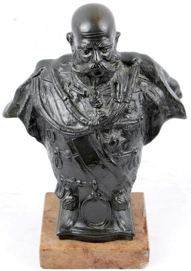 ZSIGMOND KISFALUDI STROBL BRONZE FRANZ JOSEPH BUST: ZSIGMOND KISFALUDI STROBL BRONZE FRANZ JOSEPH BUST A well detailed, heavy World War I period bronze bust of Franz Joseph, Emperor of Austria and King of Hungary, in military uniform. It was Franz Jose