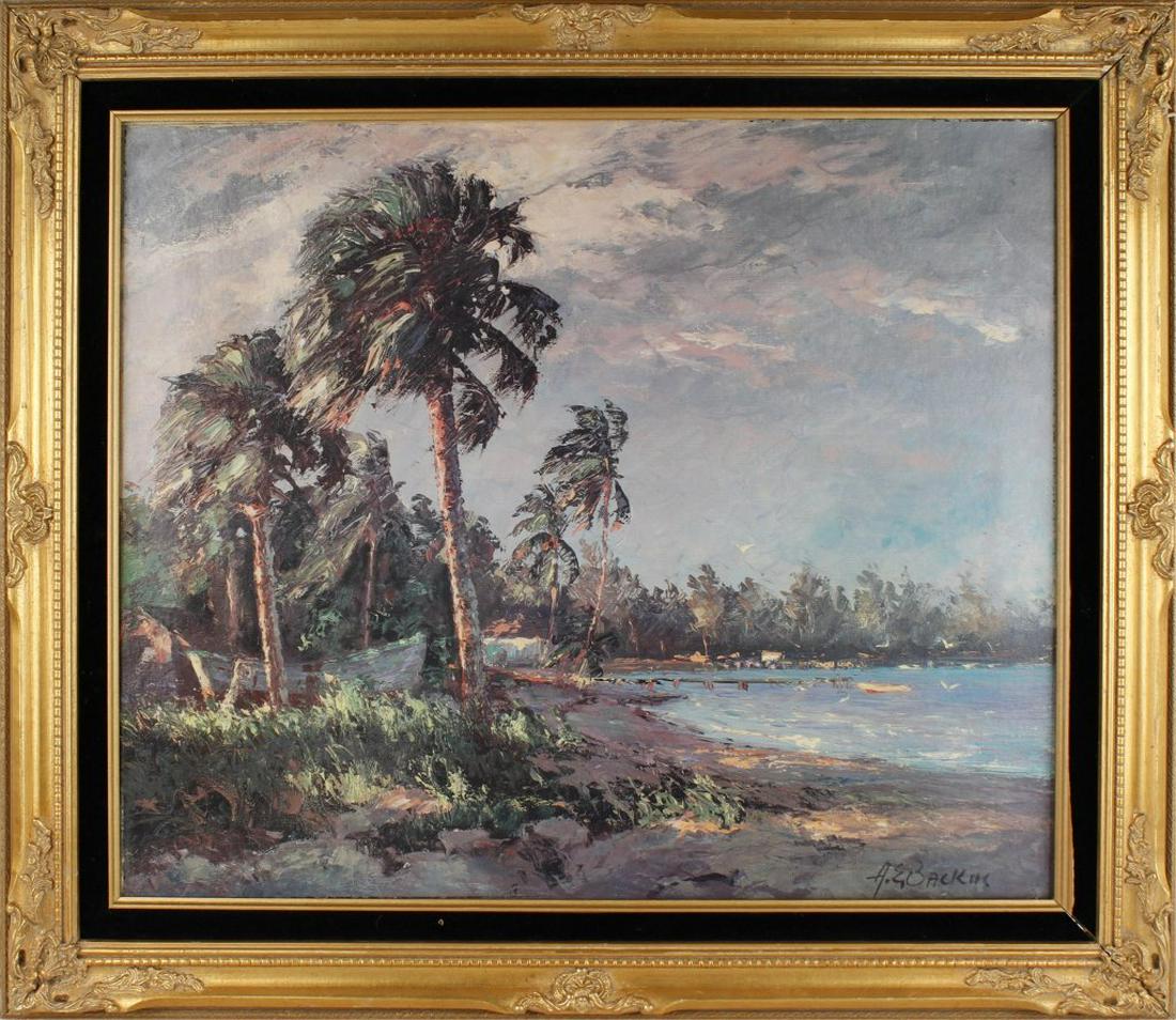 A.E. BACKUS FLORIDA BEACH SCENE GICLEE ON CANVAS: A.E. BACKUS FLORIDA BEACH SCENE GICLEE ON CANVAS Albert Ernest "A. E." Backus (January 3, 1906 – June 6, 1990) Florida Beach scene. This piece is a Giclee on canvas, set into an ornate golden frame