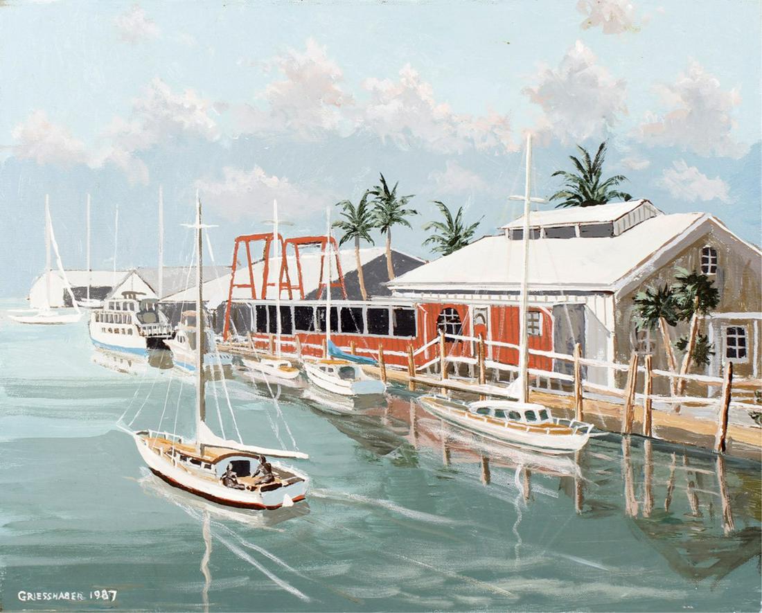 KURT GRIESSHABER ACRYLIC CANVAS FLORIDA BOAT DOCK: KURT GRIESSHABER ACRYLIC CANVAS FLORIDA BOAT DOCK Listed Artist Kurt Griesshaber (American, 1926-2006) Florida artist acrylic on canvas. Sail boat dock scene with rolling clouds and palm trees. Signed