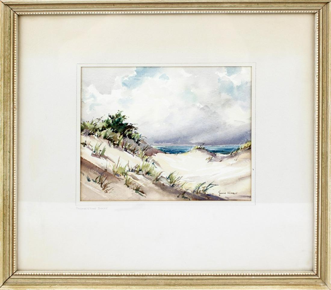 JOHN CUTHBERT HARE FLORIDA DUNES WATERCOLOR: JOHN CUTHBERT HARE FLORIDA DUNES WATERCOLOR Listed Artist John Cuthbert Hare (1908-1978) Watercolor on paper. Titled "Provincetown Dunes". . Signed lower right "John Hare". Paper measures 8" x 7" Size
