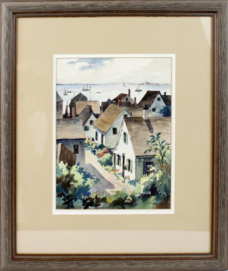 JOHN CUTHBERT HARE CAPE COD SMALL TOWN WATERCOLOR: JOHN CUTHBERT HARE CAPE COD SMALL TOWN WATERCOLOR Listed Artist John Cuthbert Hare (1908-1978) Watercolor on paper. Cape Cod Small town on the waters edge, Signed lower right "John Hare". Artwork meas