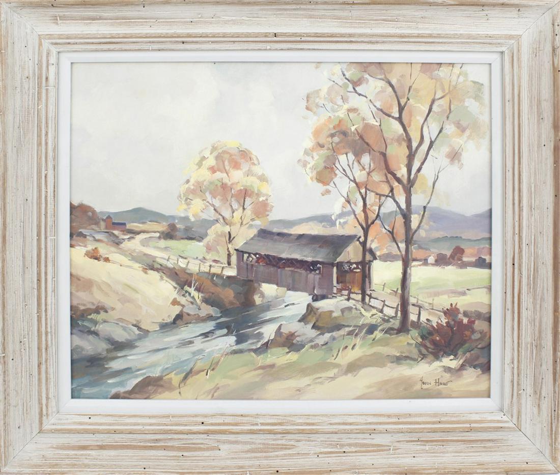 JOHN CUTHBERT HARE VERMONT BRIDGE OIL ON CANVAS: JOHN CUTHBERT HARE VERMONT BRIDGE OIL ON CANVAS Listed Artist John Cuthbert Hare (1908-1978) oil on canvas, titled "Old Covered Bridge - Vermont". Signed lower right "John Hare". Canvas measures 16" x
