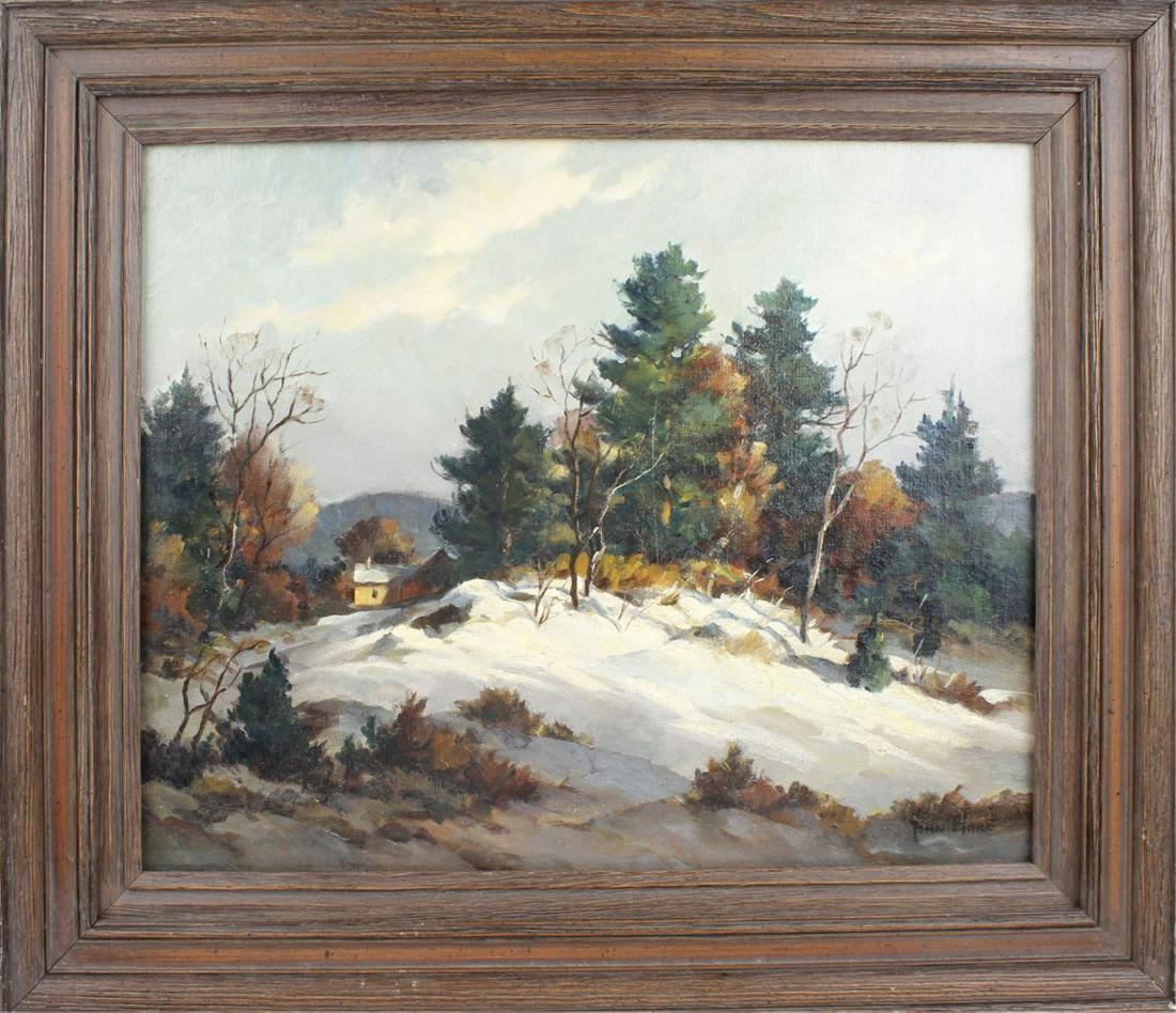 JOHN CUTHBERT HARE MID WINTER OIL ON CANVAS: JOHN CUTHBERT HARE MID WINTER OIL ON CANVAS Listed Artist John Cuthbert Hare (1908-1978) oil on canvas, titled "Mid - Winter New England". Signed lower right "John Hare". Canvas measures 16" x 20" Siz
