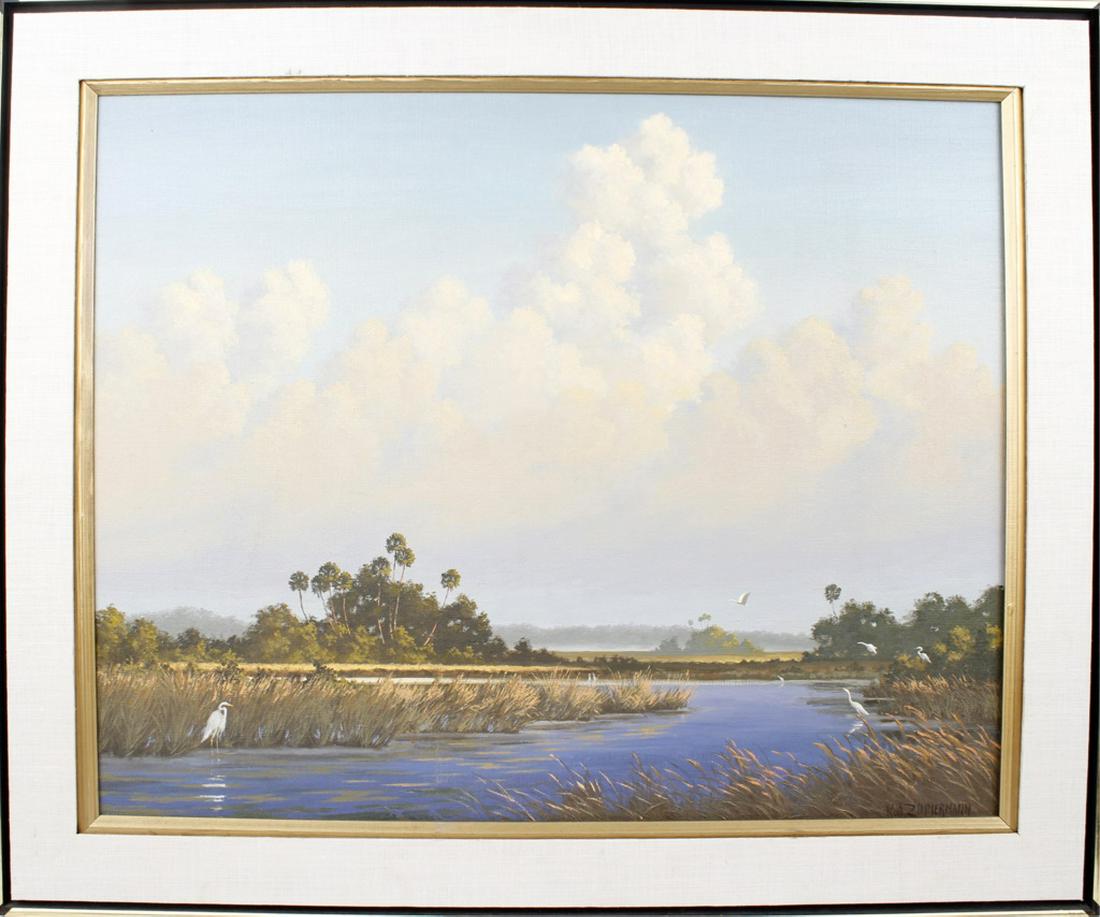 K.A. ZIMMERMANN FLORIDA ARTIST OIL ON CANVAS: K.A. ZIMMERMANN FLORIDA ARTIST OIL ON CANVAS Karl Andre Zimmermann (1904-1991) Florida artist oil on canvas. Florida wetland scene with stunning white clouds rolling by and Roseate spoonbills by the w