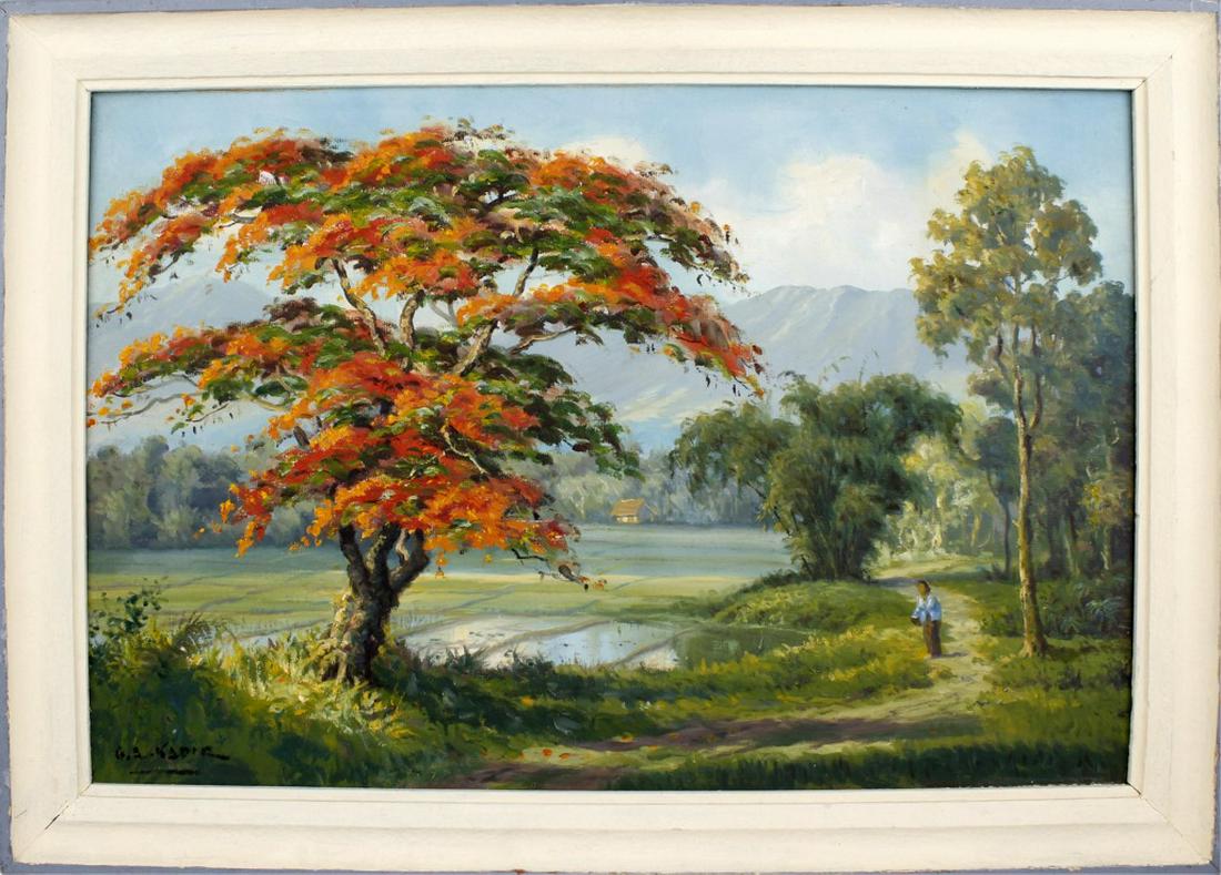 G. A. KADIR ORIGINAL OIL ON CANVAS: G. A. KADIR ORIGINAL OIL ON CANVAS Listed Artist G. A. KADIR (INDONESIAN 20TH CENTURY), Orange Jacaranda tree oil on board, signed lower left, canvas measures 30" x 20" Size: 34" x 24" framed