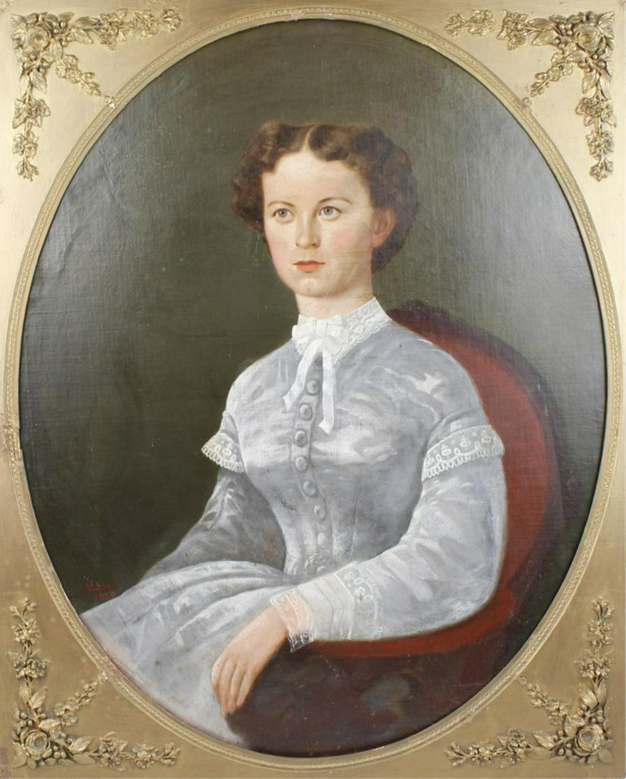 MICHAEL S NACHTRIEB PORTRAIT OF A YOUNG WOMAN: MICHAEL S NACHTRIEB PORTRAIT OF A YOUNG WOMAN Listed Artist Original Michael S. Nachtrieb Portrait if a young woman, signed M.S.N 1869, In the lower left Size: 29" X 36" Framed