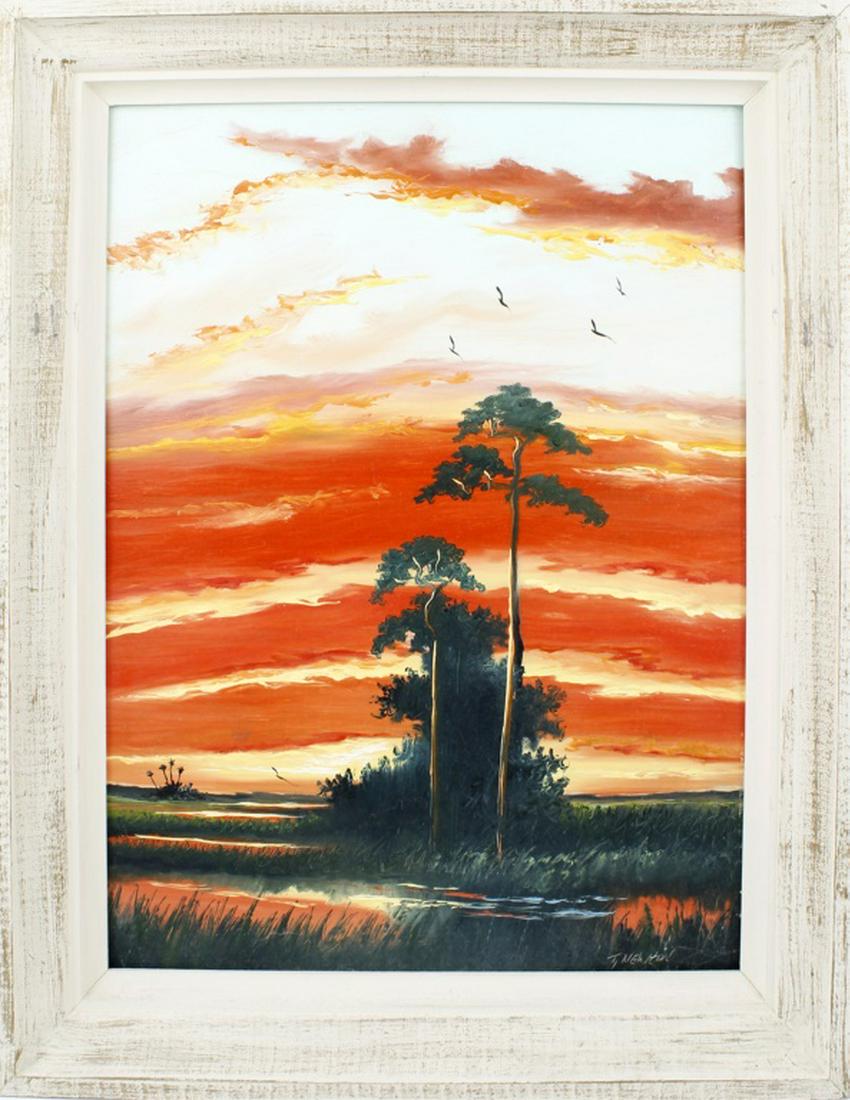 TRACY NEWTON FLORIDA SUNSET MARSH SCENE: TRACY NEWTON FLORIDA SUNSET MARSH SCENE Tracy Newton Florida Artist oil on masonite board. Florida marsh scene at sunset with bright orange colors fading into the distance. Signed lower right, canvas 