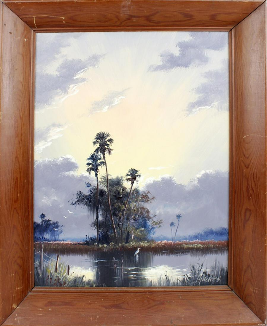 HAROLD NEWTON FLORIDA HIGHWAYMEN WETLAND SCENE: HAROLD NEWTON FLORIDA HIGHWAYMEN WETLAND SCENE Harold Newton (1934-1994) Florida highwaymen artist oil on masonite board. Stunning Florida wetland scene at sunset with bursts of sunlight peaking throu