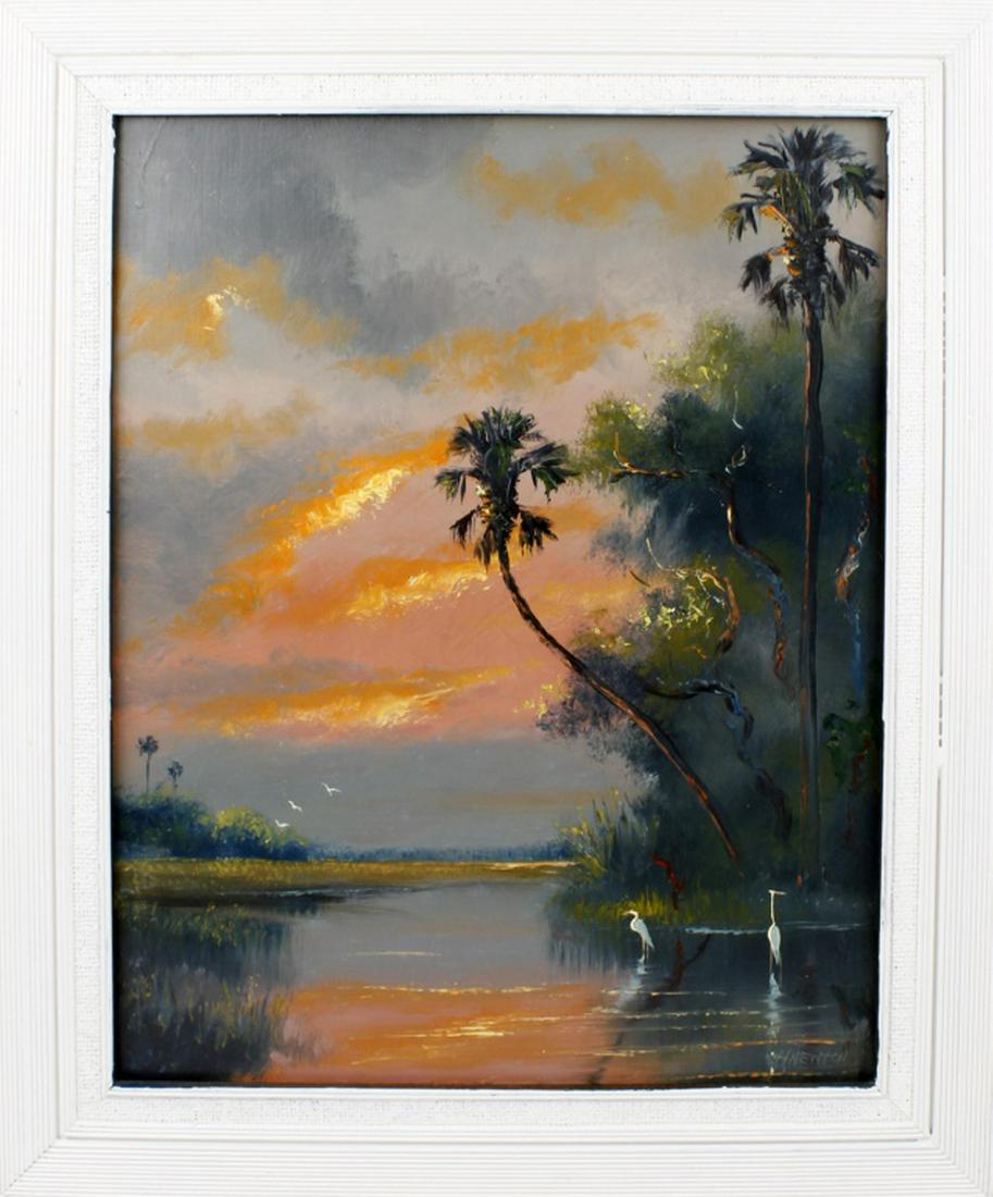 HAROLD NEWTON FLORIDA HIGHWAYMEN ORANGE SUNSET: HAROLD NEWTON FLORIDA HIGHWAYMEN ORANGE SUNSET Harold Newton (1934-1994) Florida highwaymen artist oil on masonite. Orange sunset scene over the st. Lucie river. Signed lower right, board measures 16"
