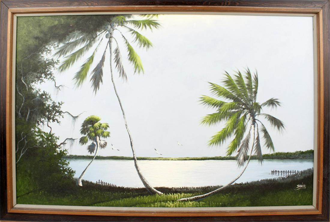 JOHNNY DANIELS FLORIDA HIGHWAYMEN ST. LUCIE RIVER: JOHNNY DANIELS FLORIDA HIGHWAYMEN ST. LUCIE RIVER Johnny L. Hook Daniels (1954-2009) Florida Highwaymen artist oil canvas. St. Lucie river scene with clear blue skies and the sun reflecting lightly on