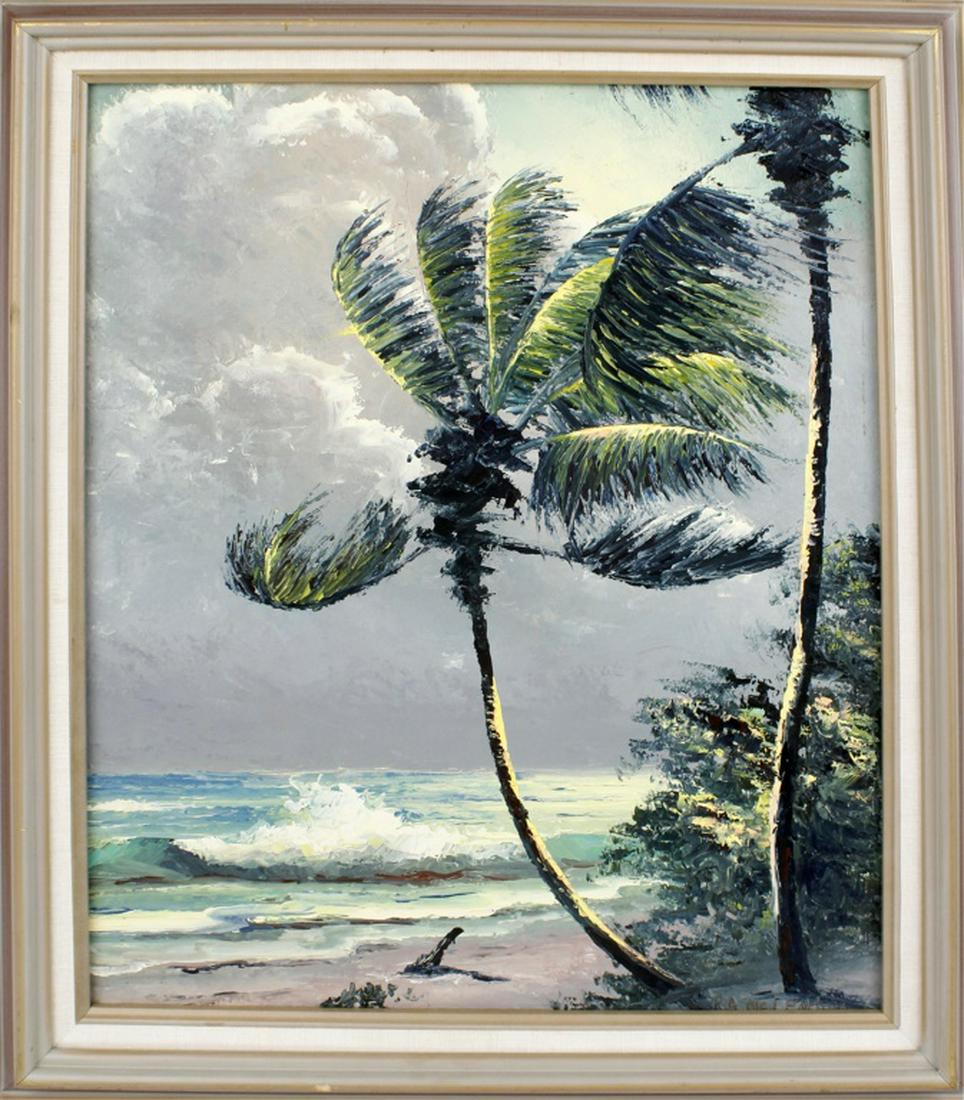 R.A. ROY MCLENDON FLORIDA HIGHWAYMEN RIO MAR: R.A. ROY MCLENDON FLORIDA HIGHWAYMEN RIO MAR R.A. Roy McLendon (b. 1932) Florida highwaymen artist, oil on upson. Reverse Rio Mar Scene with beautiful white top crashing waves and palm trees swaying i