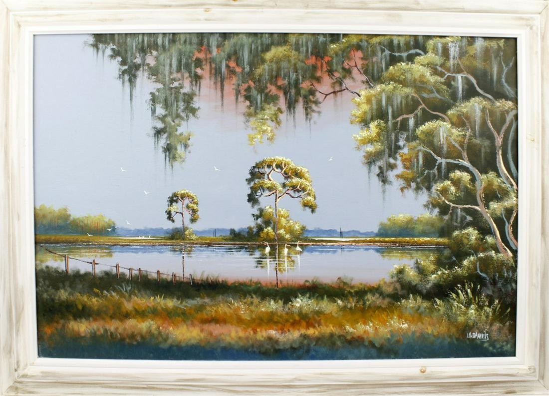 WILLIE DANIELS FLORIDA HIGHWAYMEN ST. LUCIE RIVER: WILLIE DANIELS FLORIDA HIGHWAYMEN ST. LUCIE RIVER Willie Daniels (b. 1950) Florida highwaymen artist oil on canvas. Beautiful St. Lucie river scene at sunset with a live oak tree dripping in Spanish m