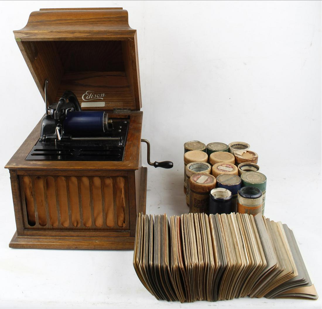 VINTAGE EDISON EDIPHONE WITH 14 CYLINDERS: VINTAGE EDISON EDIPHONE WITH 14 CYLINDERS Vintage Edison "Ediphone" Dictaphone in wood case with 14 cylinders included and a large amount of historic photo cards