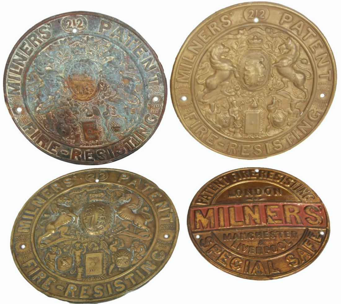 EMBOSSED MILNERS` SAFE PLAQUES - LOT OF FOUR: EMBOSSED MILNERS` SAFE PLAQUES - LOT OF FOUR Three brass and one copper safe plates. Three Victorian models, each for Model 212 MILNER’s patent fire resisting safes. The fourth, brass, early 20th Ce