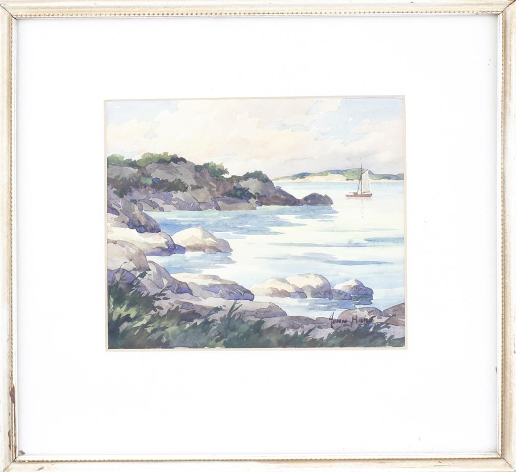 JOHN CUTHBERT HARE CAPE COD WATERCOLOR: JOHN CUTHBERT HARE CAPE COD WATERCOLOR Listed Artist John Cuthbert Hare (1908-1978) Watercolor on paper. Signed lower right "John Hare". Paper measures 8" x 7" Size: 13.5" x 12.5" framed