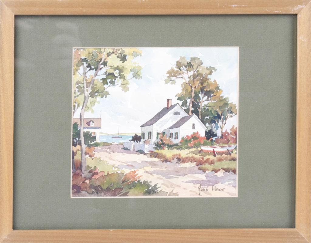 JOHN CUTHBERT HARE CAPE COD WATERCOLOR: JOHN CUTHBERT HARE CAPE COD WATERCOLOR Listed Artist John Cuthbert Hare (1908-1978) Watercolor on paper, titled "Cape Cod". Signed lower right "John Hare". Paper measures 6.5" x 7" Size: 13" x 10" fra