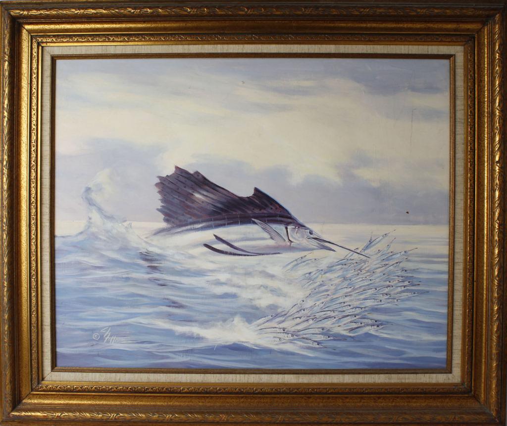 MICHAEL HOFFMAN ORIGINAL OIL ON BOARD MARINE LIFE: MICHAEL HOFFMAN ORIGINAL OIL ON BOARD MARINE LIFE Michael Hoffman (b.1965), original oil on board, marine life artist. Sailfish on a pod of bait fish. Signed lower right, board measures 20" x 24" Size