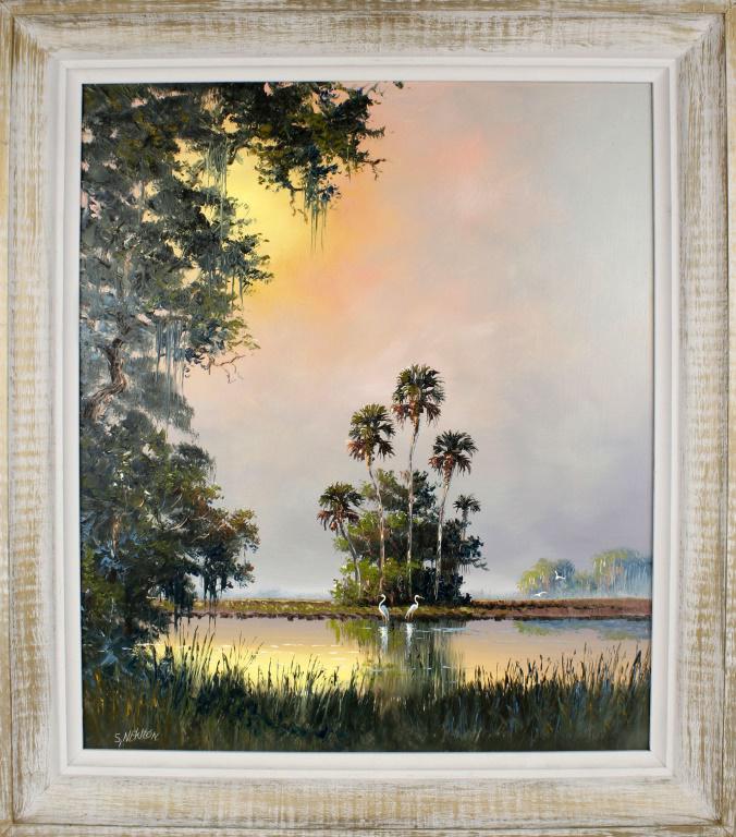 SAM NEWTON FLORIDA HIGHWAYMEN WETLAND SCENE: SAM NEWTON FLORIDA HIGHWAYMEN WETLAND SCENE Sam Newton (b. 1948) Florida highwaymen artist oil on board. Florida wetland scene with sunset skies and a live oak framing the left side of the painting. S