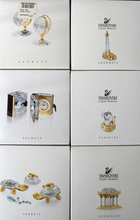 SWAROVSKI CRYSTAL MEMORIES JOURNEYS & SECRETS - 6: SWAROVSKI CRYSTAL MEMORIES JOURNEYS & SECRETS - 6 Swarovski crystal memories journeys and secrets- Lot of 6 to include: Book clock, Globe clock, Turtle jewelry box, toy elephant, Lighthouse, Greek tem