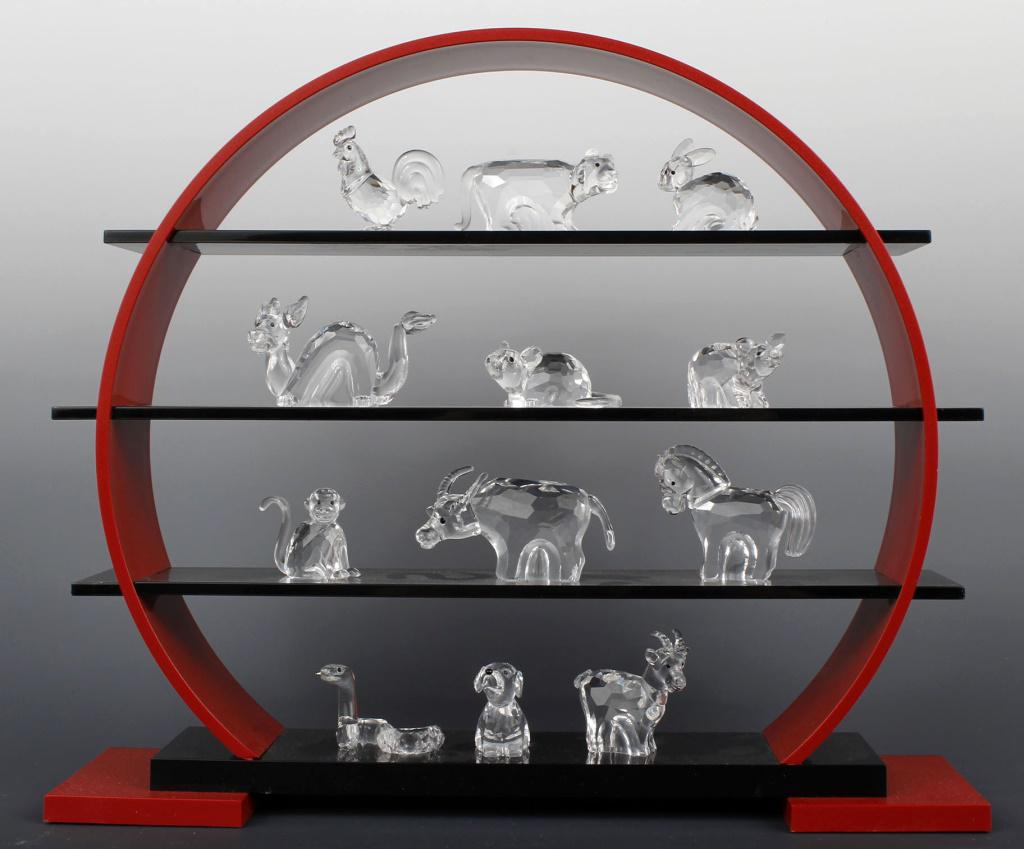 SWAROVSKI CRYSTAL SOCIETY ZODIAC COMPLETE DISPLAY: SWAROVSKI CRYSTAL SOCIETY ZODIAC COMPLETE DISPLAY Swarovski crystal Society Zodiac complete collection and display shelf. All 12 zodiac animals: Ox, Tiger, Horse, Rabbit, Dog, Rat, Monkey, Goat, Pig, 