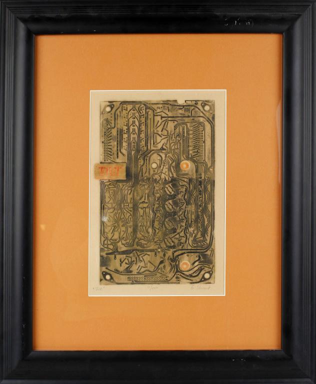 G.STUART "TILT" WOODBLOCK PRINT LIMITED EDITION: G.STUART "TILT" WOODBLOCK PRINT LIMITED EDITION G. Stuart limited edition woodblock print titled "Tilt". Edition number 7/280. Orange matte, with black frame. Signed in pencil lower right. Size: 20" x