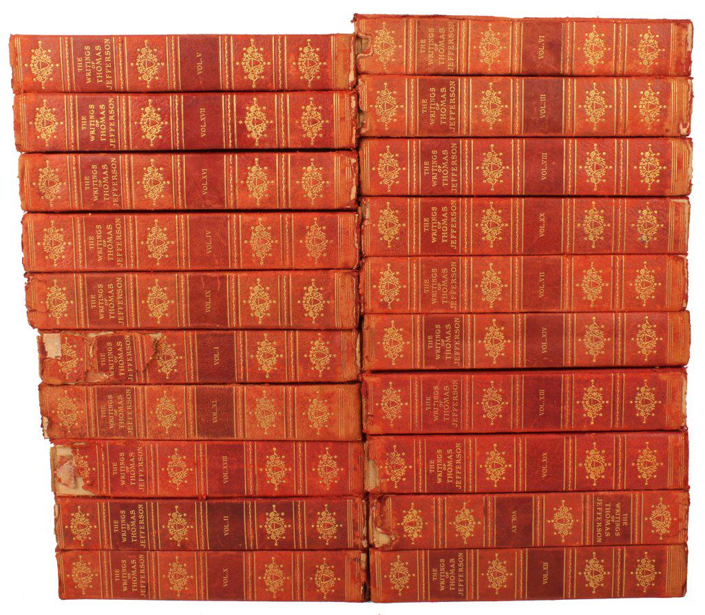 WRITINGS OF THOMAS JEFFERSON 1904- 20 VOLUME SET: WRITINGS OF THOMAS JEFFERSON 1904- 20 VOLUME SET 20 volume set of red leather bound hardback books titled "The Writings of Thomas Jefferson" dated 1904.