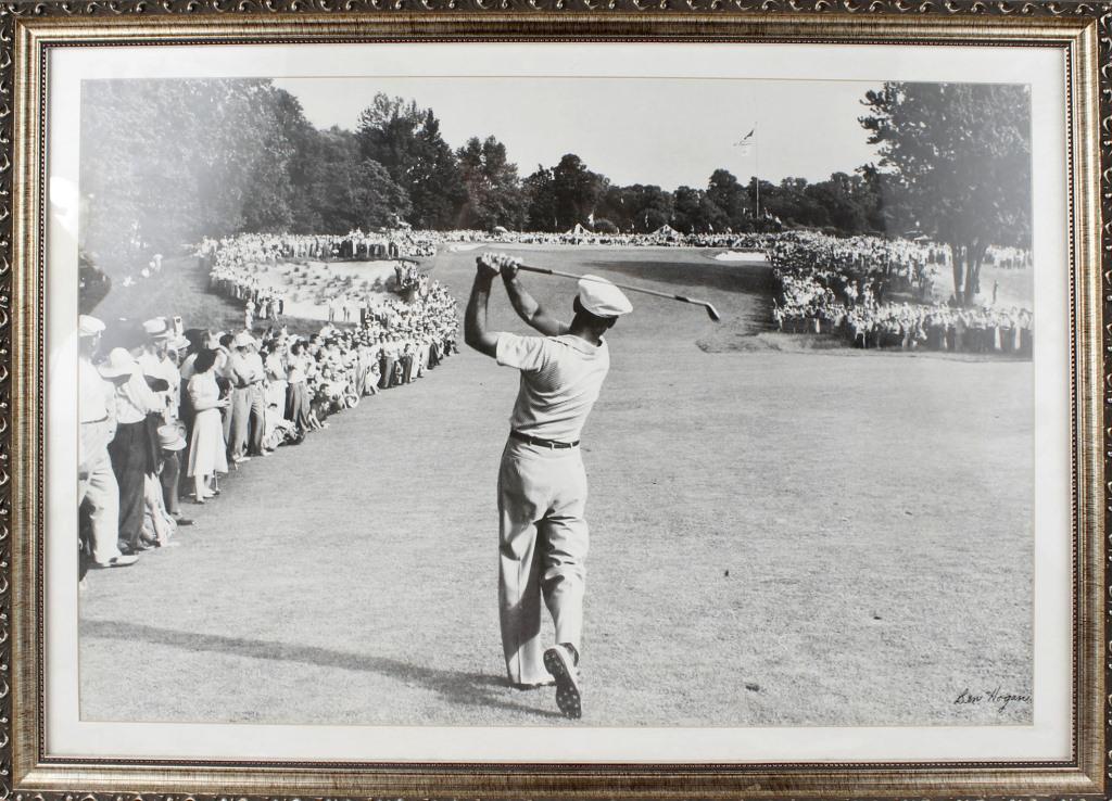 BEN HOGEN SIGNED PHOTOGRAPH 1950 US OPEN: BEN HOGEN SIGNED PHOTOGRAPH 1950 US OPEN Black and white photograph of Ben Hogan, matted and framed. Signed by Ben Hogan. This famous photograph shows Ben Hogan teeing off, at the Merion Golf Club, wh