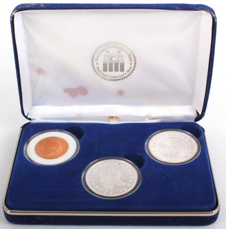 NATIONAL COLLECTORS MINT 1ST US ISSUES TRIBUTE SET: NATIONAL COLLECTORS MINT 1ST US ISSUES TRIBUTE SET National collectors mint 1st US issues tribute set with 2 .999 pure silver coins 1776/1794 and one 1793 penny proof. In original blue felt case. Weig
