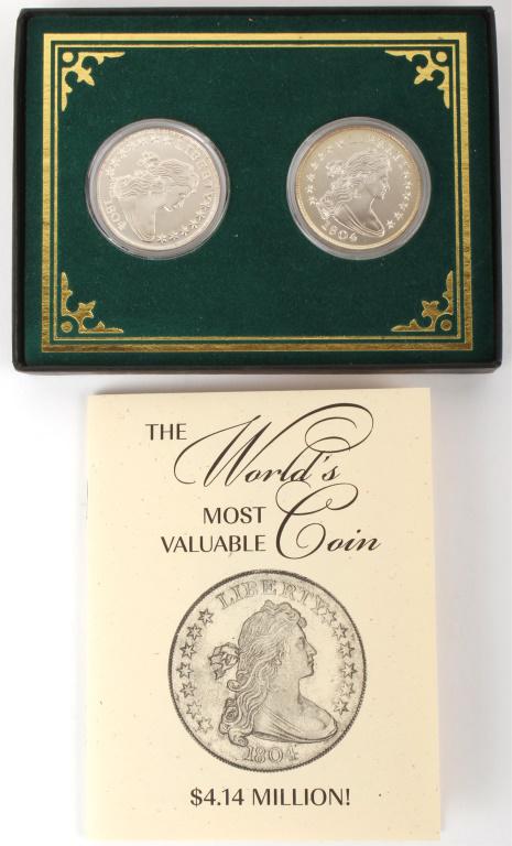 1804 GALLERY MINT SILVER DOLLAR SET PROOF & MS: 1804 GALLERY MINT SILVER DOLLAR SET PROOF & MS 1804 Gallery Mint silver dollar coin set in proof and MS Uncirculated Copies in original box. This is a copy Set Of (2) Gallery Museum Mint 1804 Draped B