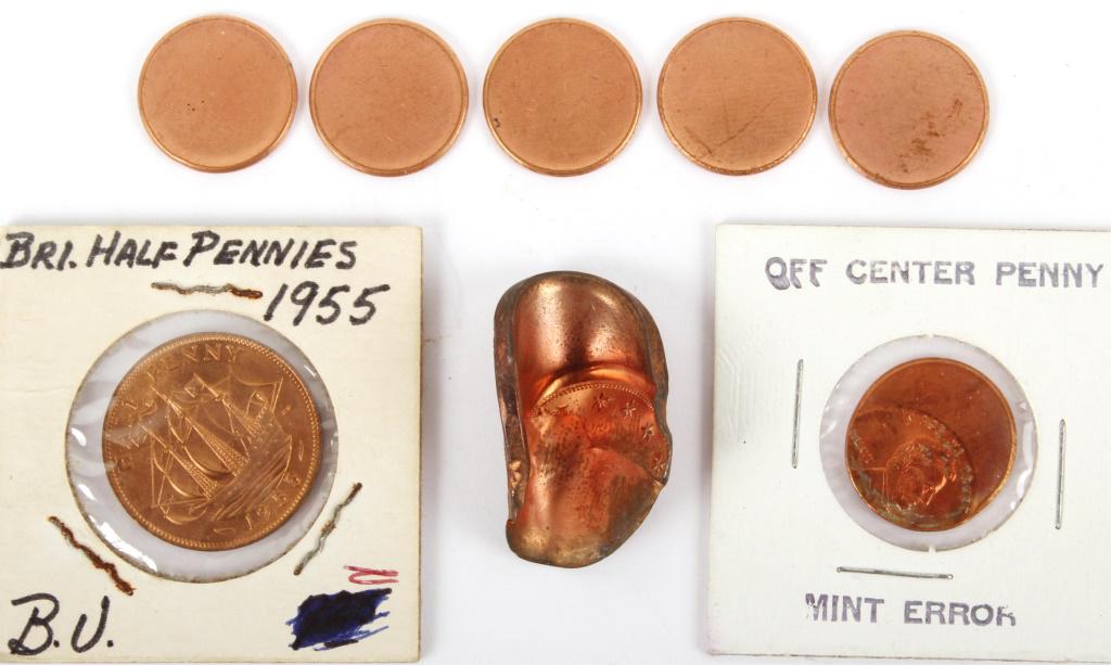 COPPER ERROR COINS - BLANK PLANCHETS, FOLDOVER: COPPER ERROR COINS - BLANK PLANCHETS, FOLDOVER Copper coin lot including five .01 cent penny blank planchets, One off-center error penny, one 2000 ANA steam press fold-over error, and one 1955 British