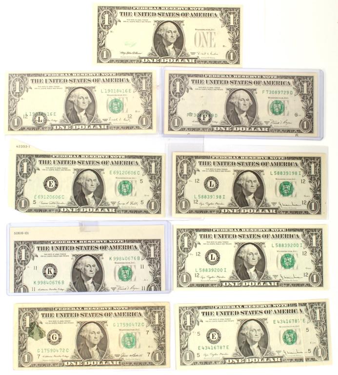 $1.00 ERROR NOTES - LOT OF 9 VARIOUS ERRORS: $1.00 ERROR NOTES - LOT OF 9 VARIOUS ERRORS Various error $1 notes including a 1981A & 1969D mis-cut, five misprint errors on 1988, 1981A,1977A, and 1985 series, a 1995 major misprint with obverse to 
