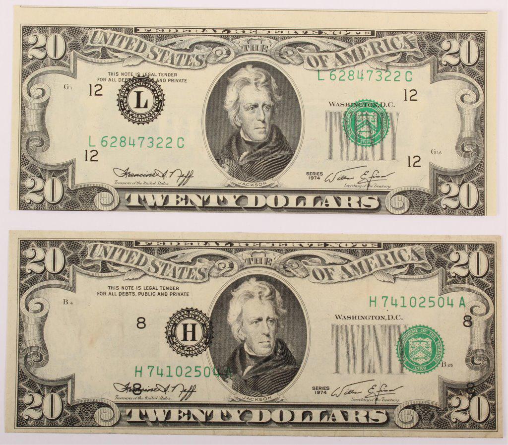 1974 $20 DOLLAR MISALIGNED OVERPRINT ERRORS - 2: 1974 $20 DOLLAR MISALIGNED OVERPRINT ERRORS - 2 1974 $20 misaligned overprint errors ( shifted 3rd print) and one with faulty alignment error as well - lot of 2.