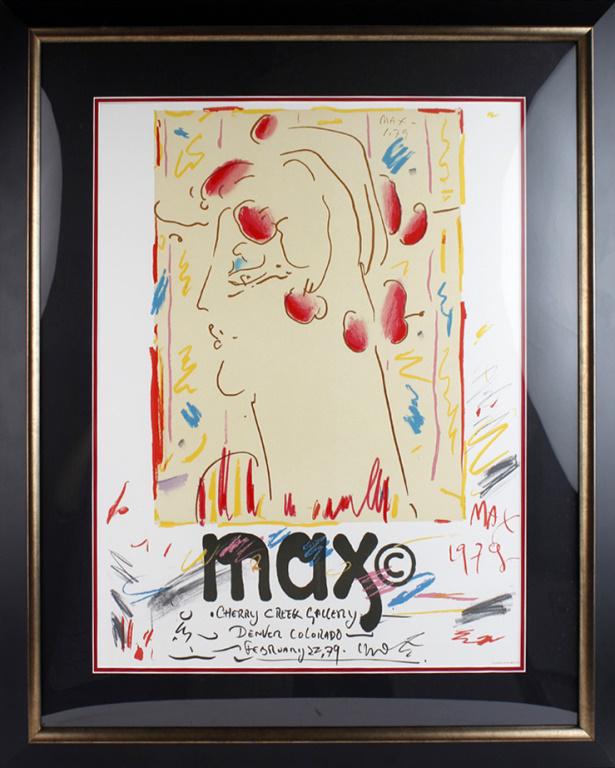 PETER MAX SIGNED LITHOGRAPH 1979, CHERRY CREEK: PETER MAX SIGNED LITHOGRAPH 1979, CHERRY CREEK Peter Max hand signed lithograph, Cherry Creek Gallery. Signed lower right in red and addressed in black, dated '79. Size: 36" x 30" Condition: Very Fine