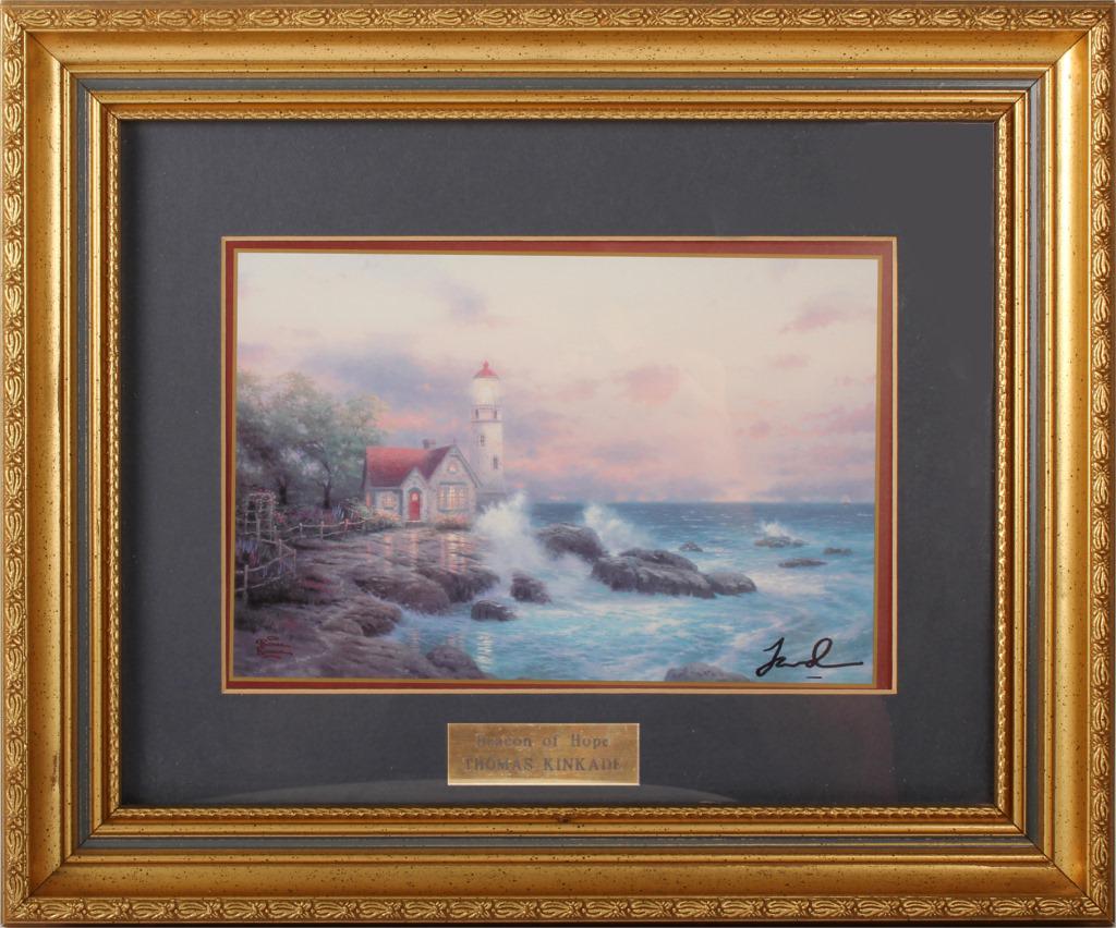 THOMAS KINKADE SIGNED BEACON OF HOPE LITHOGRAPH: THOMAS KINKADE SIGNED BEACON OF HOPE LITHOGRAPH Thomas Kinkade hand-signed "Beacon of Hope" Artist Proof lithograph with Certificate of Authenticity. Signed lower right. Signature not professionally a