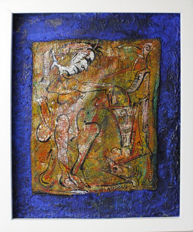 ALEXANDER GORE ORIGINAL MIXED MEDIA ON BOARD: ALEXANDER GORE ORIGINAL MIXED MEDIA ON BOARD Alexander Gore original mixed media oil on board titled "An Artist Putting His Bit" abstract painting of an artist, signed lower right, includes COA also s