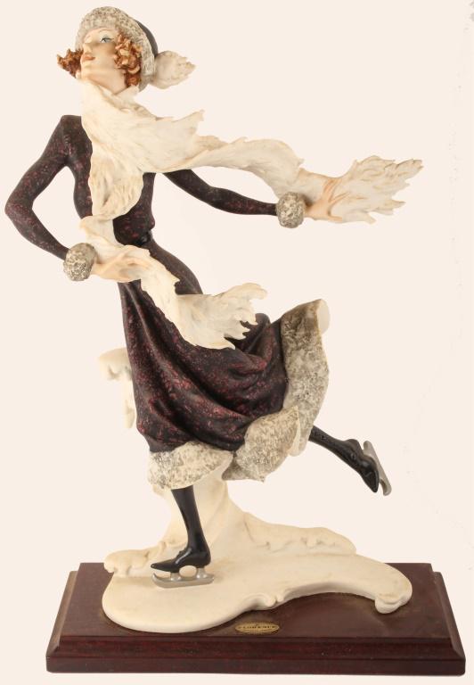 GIUSEPPE ARMANI HAND-SIGNED FIGURE - SKATING GIRL: GIUSEPPE ARMANI HAND-SIGNED FIGURE - SKATING GIRL Giuseppe Armani figurine Skating Girl Winter. Hand signed on the back. Made in Florence, Italy in 1973. Size: 15" Tall Condition: Very fine