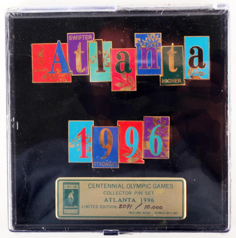 1996 CENTENNIAL OLYMPIC GAMES COLLECTOR PIN SET: 1996 CENTENNIAL OLYMPIC GAMES COLLECTOR PIN SET Limited edition 1996 Atlanta centennial Olympic games collector pin set. No. 2,071 / 10,000. Comes in a sealed display case. Size: 6 X 6" Condition: New