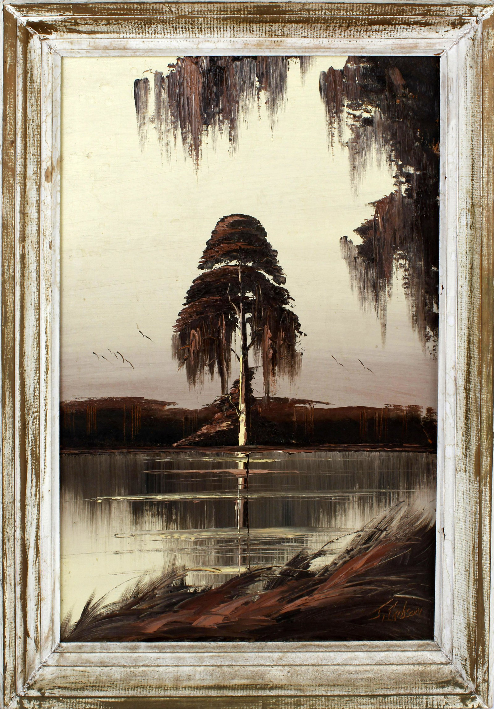JAMES GIBSON FLORIDA HIGHWAYMEN OIL ON BOARD: James Gibson, Florida Highwaymen artist, oil on board. Monochromatic brown cypress scene. Signed lower right, board measures 16" x 24". Condition: Very Fine.