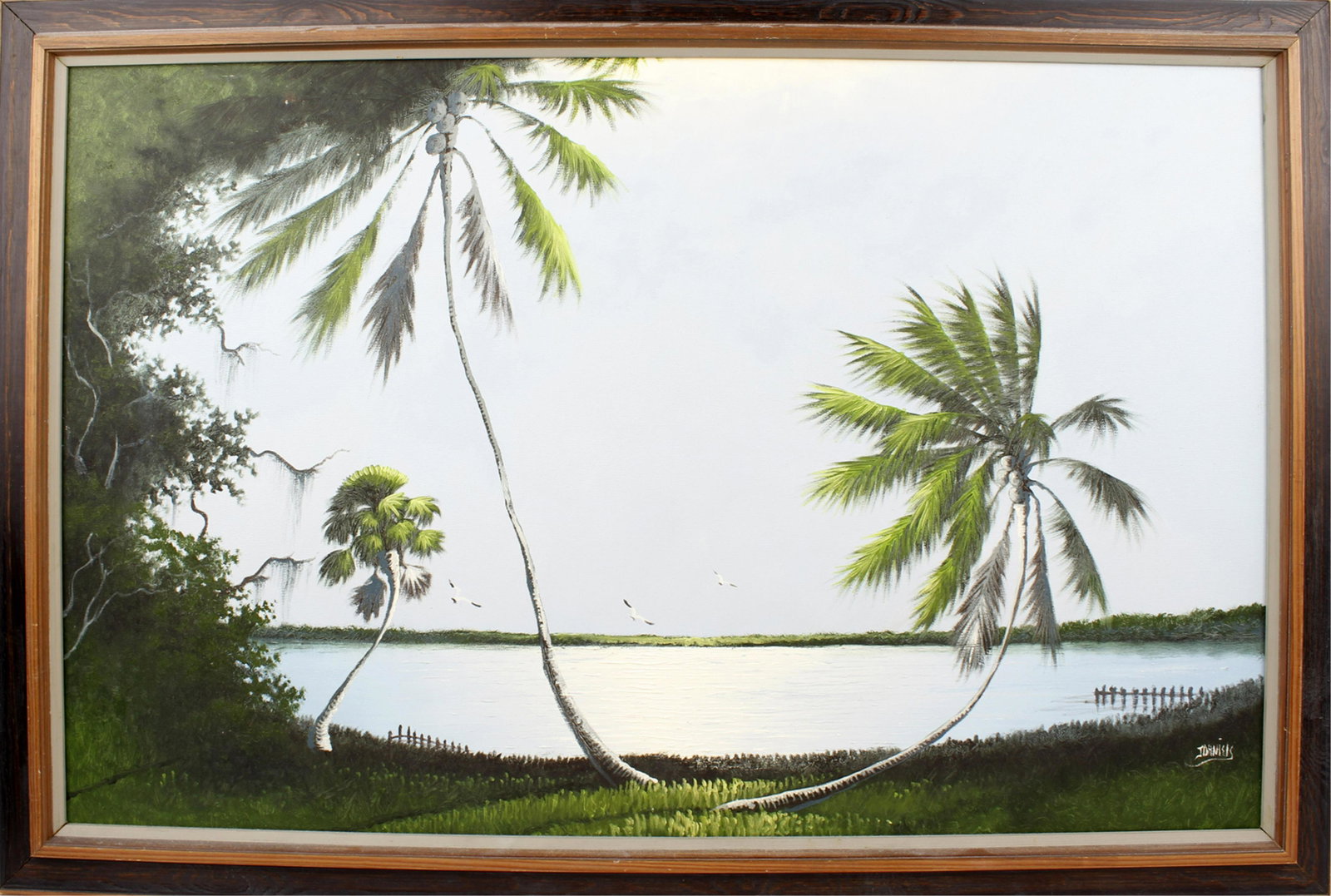 JOHNNY DANIELS FLORIDA HIGHWAYMEN ST. LUCIE RIVER: Johnny L. Hook Daniels (1954-2009) Florida Highwaymen artist oil canvas. St. Lucie river scene with clear blue skies and the sun reflecting lightly on the smooth water. Signed lower right, canvas meas