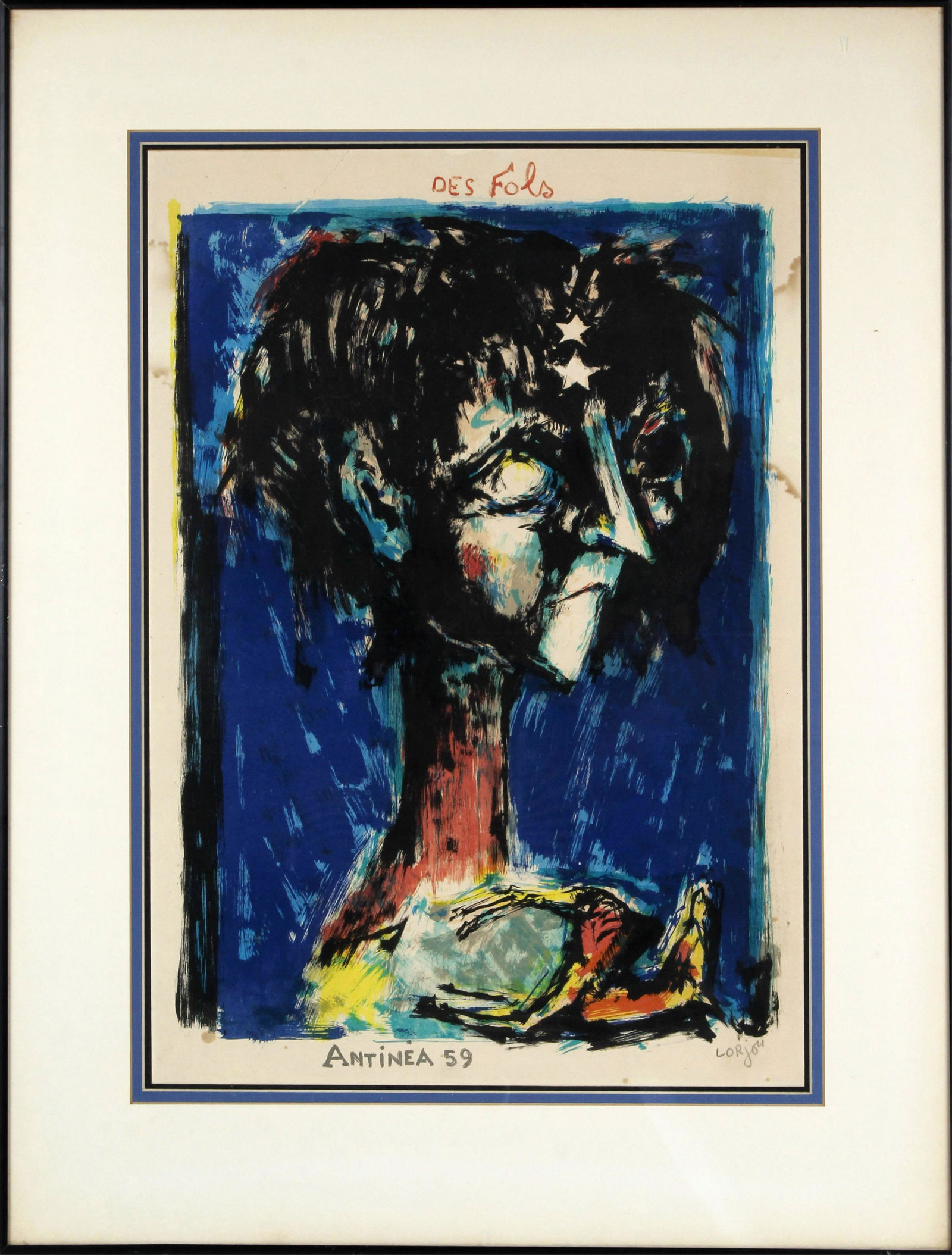 BERNARD LORJOU FRECH ABSTRACT PORTRAIT: Bernard Lorjou (French 1908-1986) "Antinea 59" abstract portrait of a woman. Titled and dated lower left, 24" x 17".